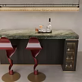 Modern Bar Counter With Green Marble Top Red Spiral Stools And Glass Door Wine Cabinet
