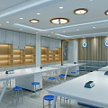 School Science Classroom With Long White Tables Blue Stools And Wooden Cabinets