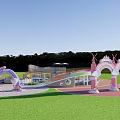 Children's Play Area With Circular Design Colorful Flooring Green Lawn And Decorative Arches