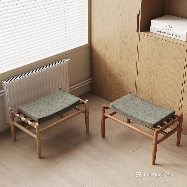 Two Wooden Frame Stools With Gray Padded Seats In Cozy Indoor Corner 3d model 