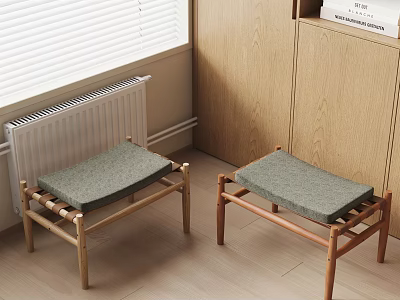 Two Wooden Frame Stools With Gray Padded Seats In Cozy Indoor Corner 3d model