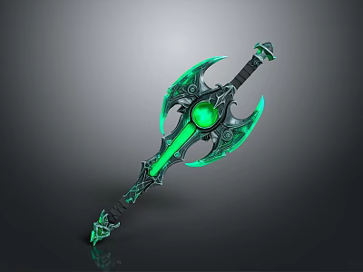 Intricate Green Glowing Double Bladed Axe Weapon With Ornate Gemstone Core 3d model