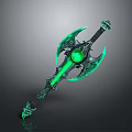Intricate Green Glowing Double Bladed Axe Weapon With Ornate Gemstone Core