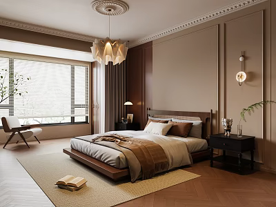 Cozy Modern Bedroom Interior With Wooden Bed Chandelier Nightstand And Window Blinds Rug 3d model