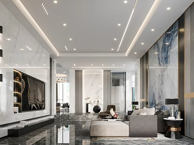 Modern Living Dining Room Interior Design With Marble Walls TV Backdrop And Coffee Table 3d model
