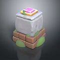 Scenic Stone Tower Structure with Brick Base Green Moss and Colorful Top Square