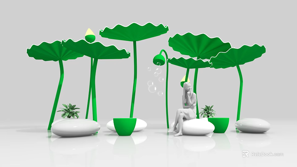 Relaxing Area With Large Green Lotus Leaves Water Droplets And Seated Person On White Cushions 3d model 