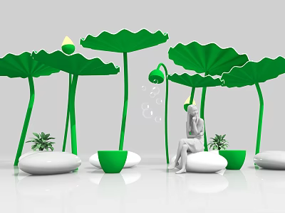 Relaxing Area With Large Green Lotus Leaves Water Droplets And Seated Person On White Cushions 3d model