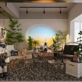 Cozy Hotel Public Lounge Area With Sunlight Lush Plants Wooden Table And Comfortable Seating