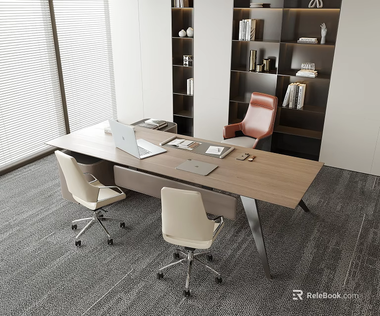 Contemporary Office Desk With Two White Chairs Laptop Documents Bookshelves Red Chair And Window Blinds 3d model 