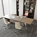 Contemporary Office Desk With Two White Chairs Laptop Documents Bookshelves Red Chair And Window Blinds
