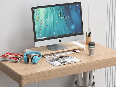 Computer Monitor Desktop Setup with Keyboard Mouse Blue Headphones Magazines Coffee Cup on Wooden Desk 3d model
