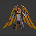 Detailed 3D Fantasy Character With Orange Wings Wearing Robe Holding Weapon Design