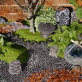 Japanese Courtyard Garden With Wooden Deck Stone Lanterns Arched Bridge And Red Maple Tree