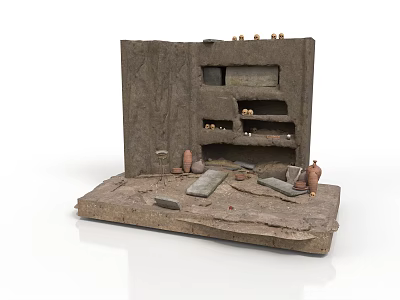 Ancient Mud Wall Model With Shelves Clay Pots And Artifacts 3d model