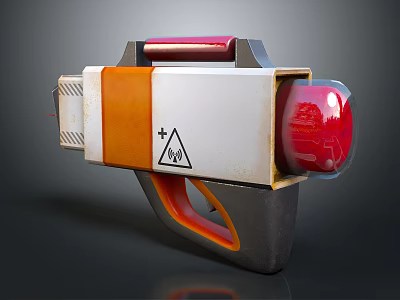 Futuristic Orange And White Weapon With Red Spherical Component Ergonomic Handle And Warning Triangle Symbol 3d model