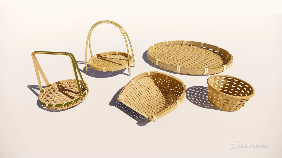Handcrafted Bamboo Woven Baskets In Various Shapes For Storage And Decor 3d model 