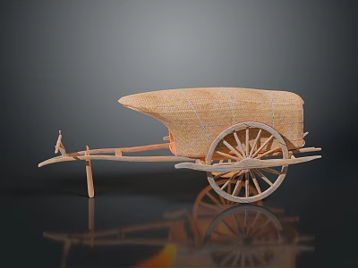 Traditional Ancient Wooden Cart Model With Woven Canopy And Large Wheel Design 3d model