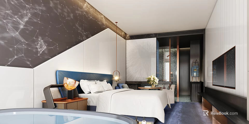Modern Hotel Room Interior With Blue Headboard White Bedding Marble Wall And Hanging Lamp 3d model 