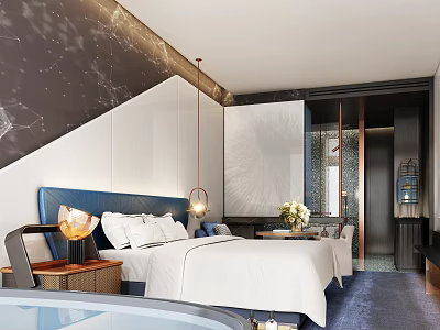 Modern Hotel Room Interior With Blue Headboard White Bedding Marble Wall And Hanging Lamp 3d model
