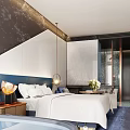 Modern Hotel Room Interior With Blue Headboard White Bedding Marble Wall And Hanging Lamp