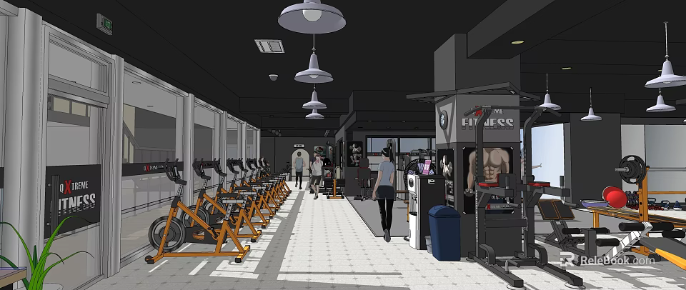 Modern Gym Interior With Stationary Bikes Strength Training Equipment And Fitness Enthusiasts 3d model 
