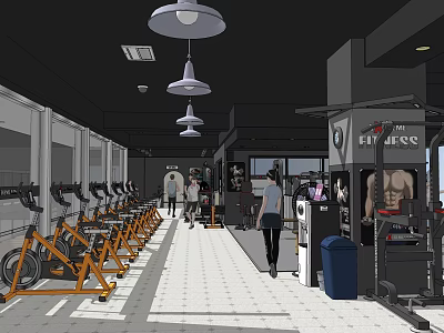 Modern Gym Interior With Stationary Bikes Strength Training Equipment And Fitness Enthusiasts 3d model