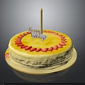 Delicious Birthday Cake With Yellow Cream Strawberry Decoration Happy Birthday Topper And Lit Candle
