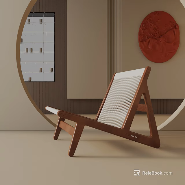 Modern Wooden Frame Leisure Chair With White Woven Design And Decorative Wall Art 3d model 
