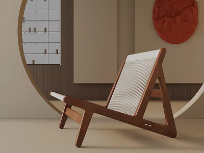 Modern Wooden Frame Leisure Chair With White Woven Design And Decorative Wall Art 3d model