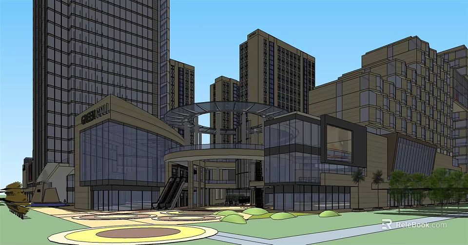 Modern Commercial Complex With High Rise Buildings Glass Curtain Walls And Landscaped Areas 3d model 