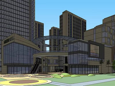 Modern Commercial Complex With High Rise Buildings Glass Curtain Walls And Landscaped Areas 3d model