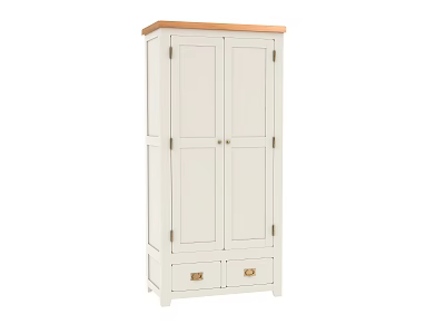 White Double Door Wardrobe With Wooden Top And Two Bottom Drawers 3d model