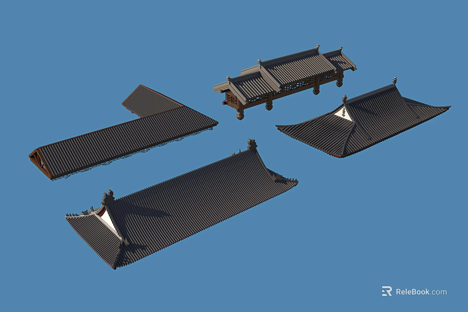 Traditional Architectural Roof Components With Various Eave Structures And Tile Designs 3d model 
