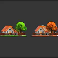 Cartoon Scenes of Seasonal Cottages with Red Roofs White Walls Fences and Trees