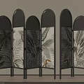 Black Frame Folding Room Divider With Tropical Palm Leaf And Bird Pattern Design 3d model