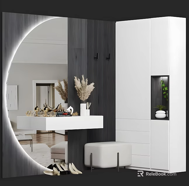 Modern White Dressing Table Interior Design With Round Mirror Dried Flowers And Stool 3d model