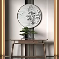 Modern Chinese Style Console Table With Round Ink Painting And Bonsai Plant