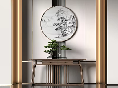 Modern Chinese Style Console Table With Round Ink Painting And Bonsai Plant 3d model