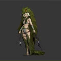 Fantasy Female Game Character With Green Dragon Headpiece Feathered Armor Tail And Spear