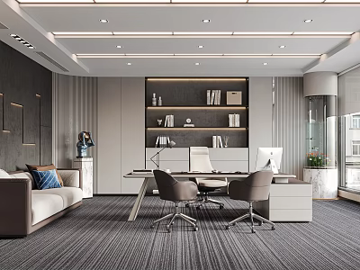Modern Contemporary Office Interior Design With Sofa Desk Bookshelf And Office Chairs 3d model