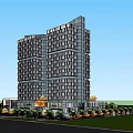 Modern Twin Office Building Towers With Plaza Umbrella Shades And Landscaped Area