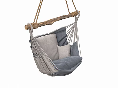 Cozy Rope Woven Hanging Chair With Wooden Bar And Gray Beige Cushions 3d model