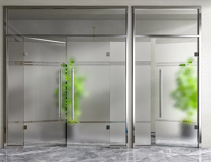 Modern Frosted Glass Doors With Silver Frames Green Plants And Gray Marble Floor 3d model 