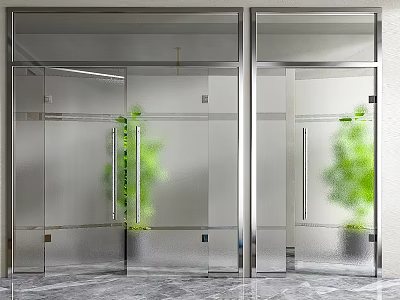 Modern Frosted Glass Doors With Silver Frames Green Plants And Gray Marble Floor 3d model