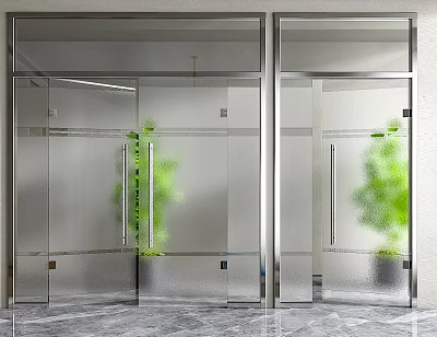 Modern Frosted Glass Doors With Silver Frames Green Plants And Gray Marble Floor 3d model