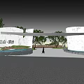 Modern Entrance Gate Design With White Walls Trees And Water Feature