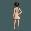 3D Model Anime Character Girl With Green Eyes Pigtails And Blue Ribbon In Beige Coat Standing Pose