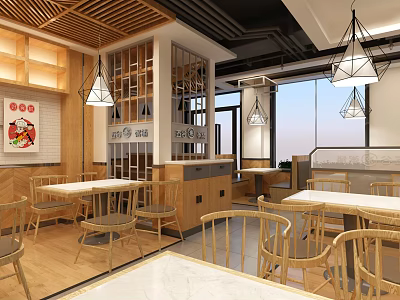 Mall Restaurant Interior With Wooden Tables Chairs Hanging Lamps And Open Space 3d model
