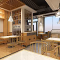 Mall Restaurant Interior With Wooden Tables Chairs Hanging Lamps And Open Space